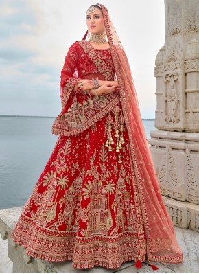 Absorbing Embroidered Silk Red Designer Lehenga Ch