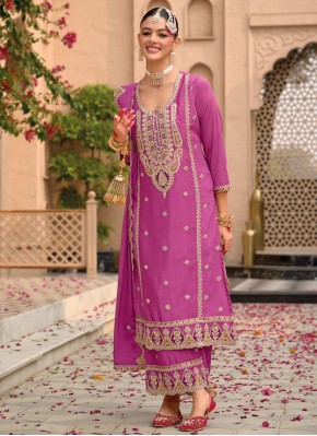 Adorable Magenta and Rani Chinon Readymade Salwar Kameez