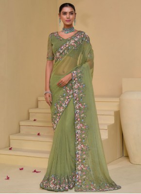 Aesthetic Green Embroidered Banarasi Silk Contempo