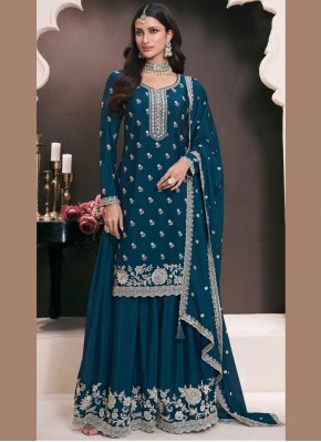 Affectionate Chinon Embroidered Morpeach  Palazzo Salwar Kameez