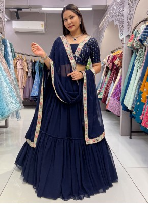 Affectionate Plain Navy Blue Georgette Readymade Lehenga Choli