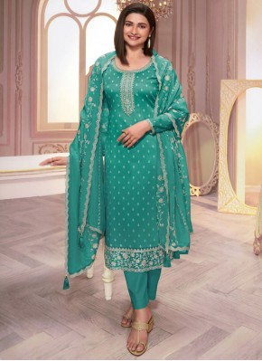 Alluring Rama Embroidered Silk Designer Salwar Kameez