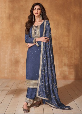 Alluring Silk Blue Embroidered Readymade Salwar Ka
