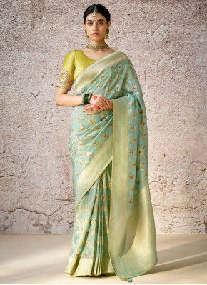 Aqua Blue Banarasi Silk Sangeet Designer Saree