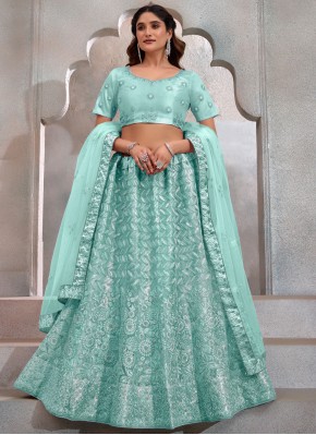 Aqua Blue Ceremonial Net Designer Lehenga Choli