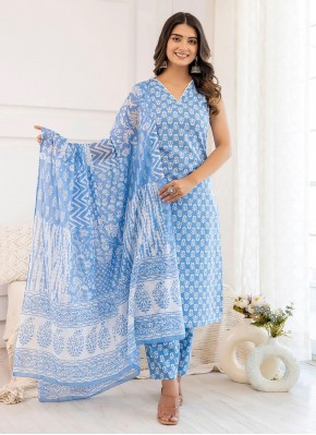 Aqua Blue Digital Print Cotton Salwar Suit