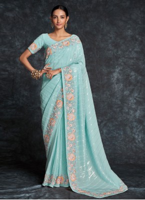 Aqua Blue Embroidered Contemporary Saree