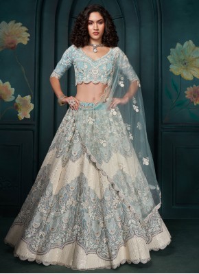 Aqua Blue Embroidered Trendy Lehenga Choli