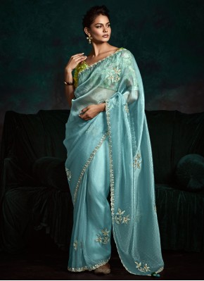 Aqua Blue Fancy Fabric Embroidered Trendy Saree