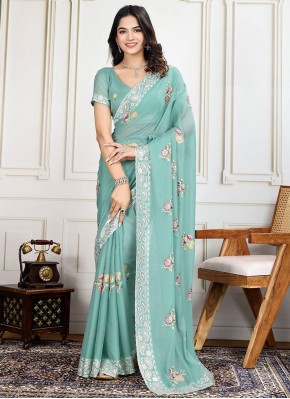 Aqua Blue Floral Print Traditional Saree