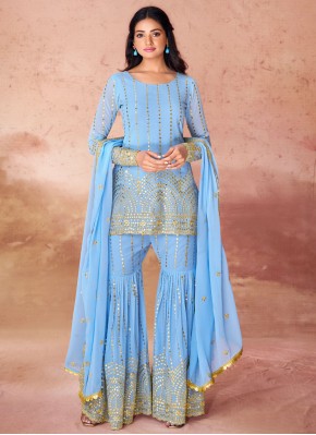 Aqua Blue Georgette Embroidered Trendy Salwar Kameez