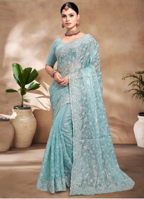 Aqua Blue Jimmy Chu Resham Classic Saree