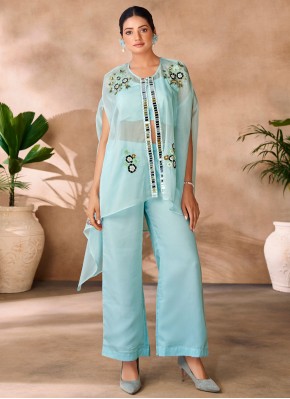 Aqua Blue Organza Party Wear Kurti