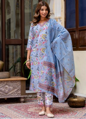 Aqua Blue Print Blended Cotton Readymade Salwar Kameez