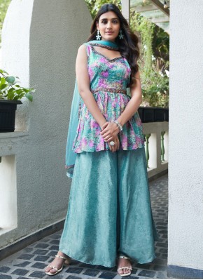 Aqua Blue Printed Ceremonial Designer Salwar Kameez