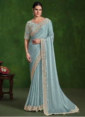 Aqua Blue Sequins Ceremonial Trendy Saree