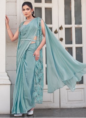 Aqua Blue Sequins Satin Silk Classic Saree