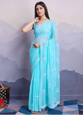 Aqua Blue Shimmer Thread Contemporary Saree