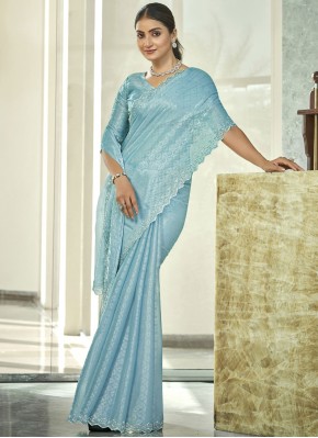 Aqua Blue Silk Blend Party Traditional Saree