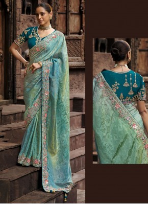 Aqua Blue Stone Contemporary Saree