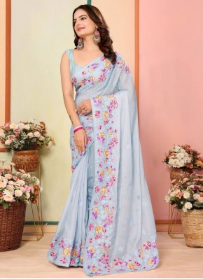 Aristocratic Embroidered Aqua Blue Organza Classic Saree