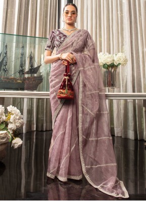 Aristocratic Embroidered Purple Organza Designer Saree