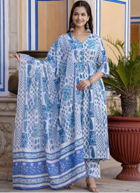 Astonishing Cotton Print Blue and White Readymade Salwar Kameez