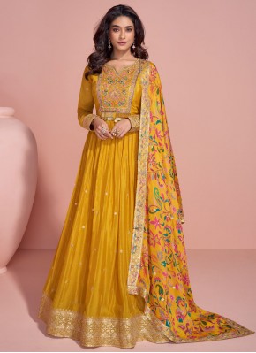 Astonishing Mustard Silk Readymade Floor Length Gown