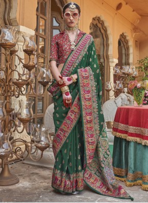 Astonishing Print Green Silk Designer Saree