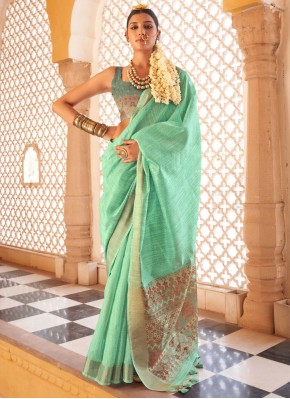 Astonishing Sea Green Linen Contemporary Saree