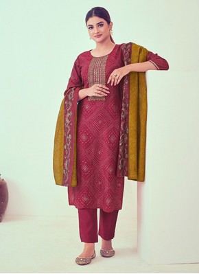 Astounding Chanderi Silk Maroon Embroidered Readymade Salwar Suit
