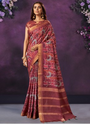 Astounding Maroon Woven Crepe Silk Traditional Saree