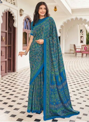 Attractive Pure Crepe Blue Printed Traditional Saree