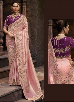 Attractive Weaving Tissue Peach and Pink Contemporary Saree