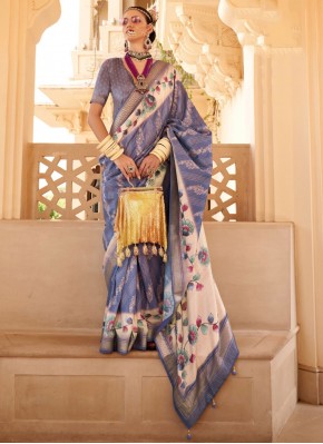 Auspicious Silk Foil Print Blue Classic Saree