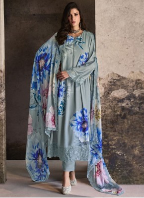 Awesome Blue and Grey Digital Print Muslin Designer Salwar Kameez