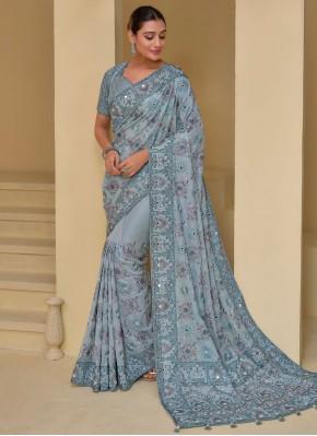 Banarasi Silk Embroidered Grey Designer Saree