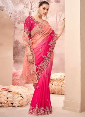 Banarasi Silk Pink and Rani Embroidered Trendy Saree