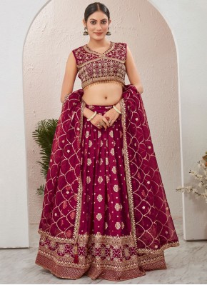 Baronial Maroon and Rani Embroidered pure-dola Readymade Lehenga Choli