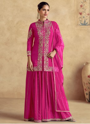 Beauteous Chinon Rose Pink Zari Readymade Designer Salwar Suit