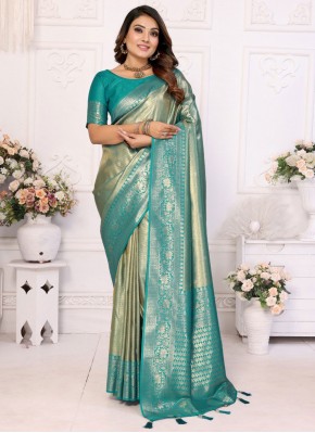 Beauteous Firozi and Grey Contemporary Saree