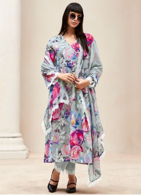 Beauteous Linen Digital Print Grey and Multi Colour Designer Salwar Kameez