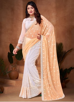 Beautiful Embroidered Peach Georgette Contemporary Saree