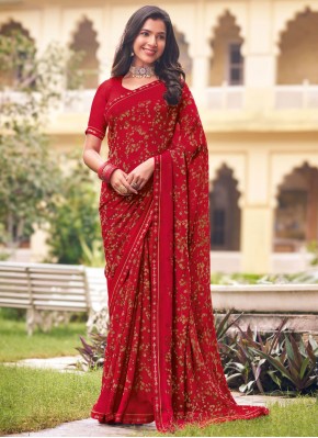 Beautiful Rani and Red Print Georgette Designer Saree