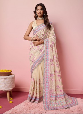 Bedazzling Embroidered Beige Georgette Contemporary Saree