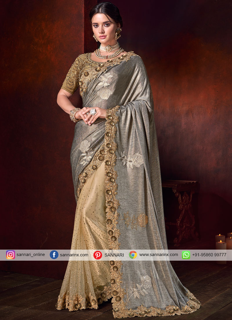 Beige And Grey Embroidered Fancy Fabric Designer Half N Half Saree