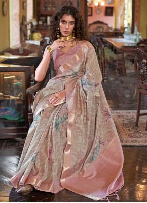 Beige and Peach Digital Print Banarasi Silk Trendy Saree