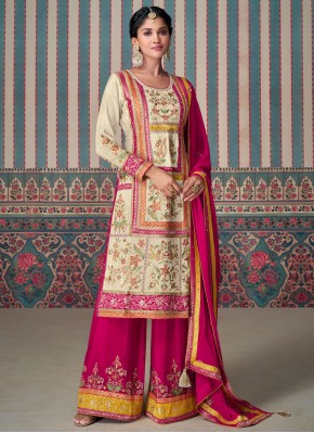 Beige and Rani Embroidered Readymade Salwar Kameez