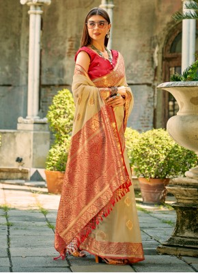Beige Weaving Tussar Silk Contemporary Saree