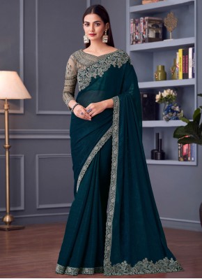 Best Georgette Teal Embroidered Trendy Saree